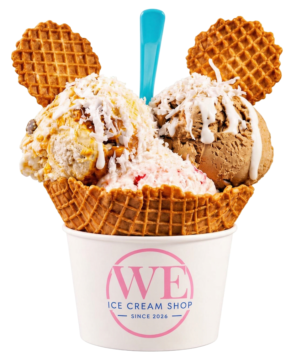 Waffle bowl con tres scoops de mantecado, coco rallado y galletas waffle en vasito de WE Ice Cream Shop